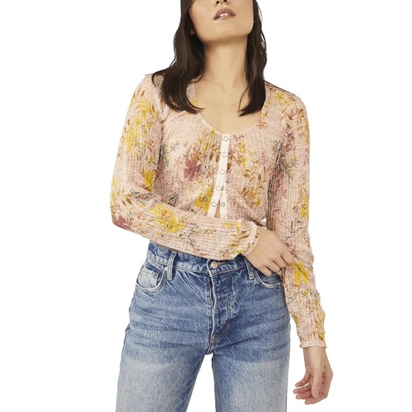 NEW Free People We the Free Floral Crop Blouse with Smocked Details - Picture 2 of 6